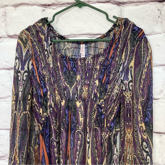 Xhilaration High Low Shear Tunic Top SZ L Empire Waist Multicolored Pattern - Picture 2 of 8